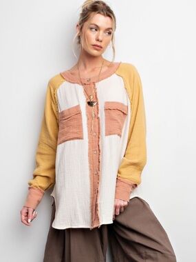 887 1X -3X 🌻 EASEL PLUS SIZE-COLOR BLOCK COTTON GAUZE BUTTON
DOWN SHIRT